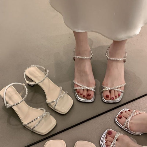 Damen elegante Sandalen mit funkelnden Riemchen und modischem Blockabsatz EB