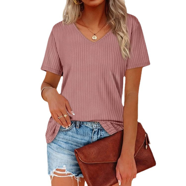 Damen Viskose T-Shirt mit feinem Rippstrickmuster und lässigem V-Ausschnitt EB