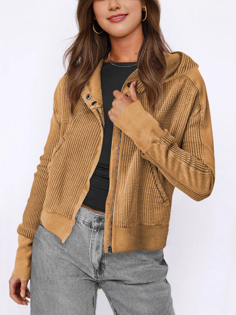 Damen lässige Zip-Jacke mit Kapuze und strukturiertem Design EB