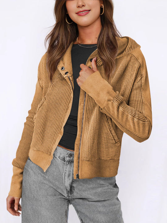 Damen lässige Zip-Jacke mit Kapuze und strukturiertem Design EB
