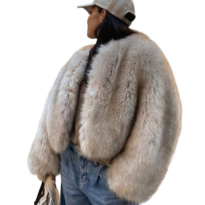 Damen Flauschige Kurzjacke aus Kunstpelz mit voluminösen Ärmeln EB