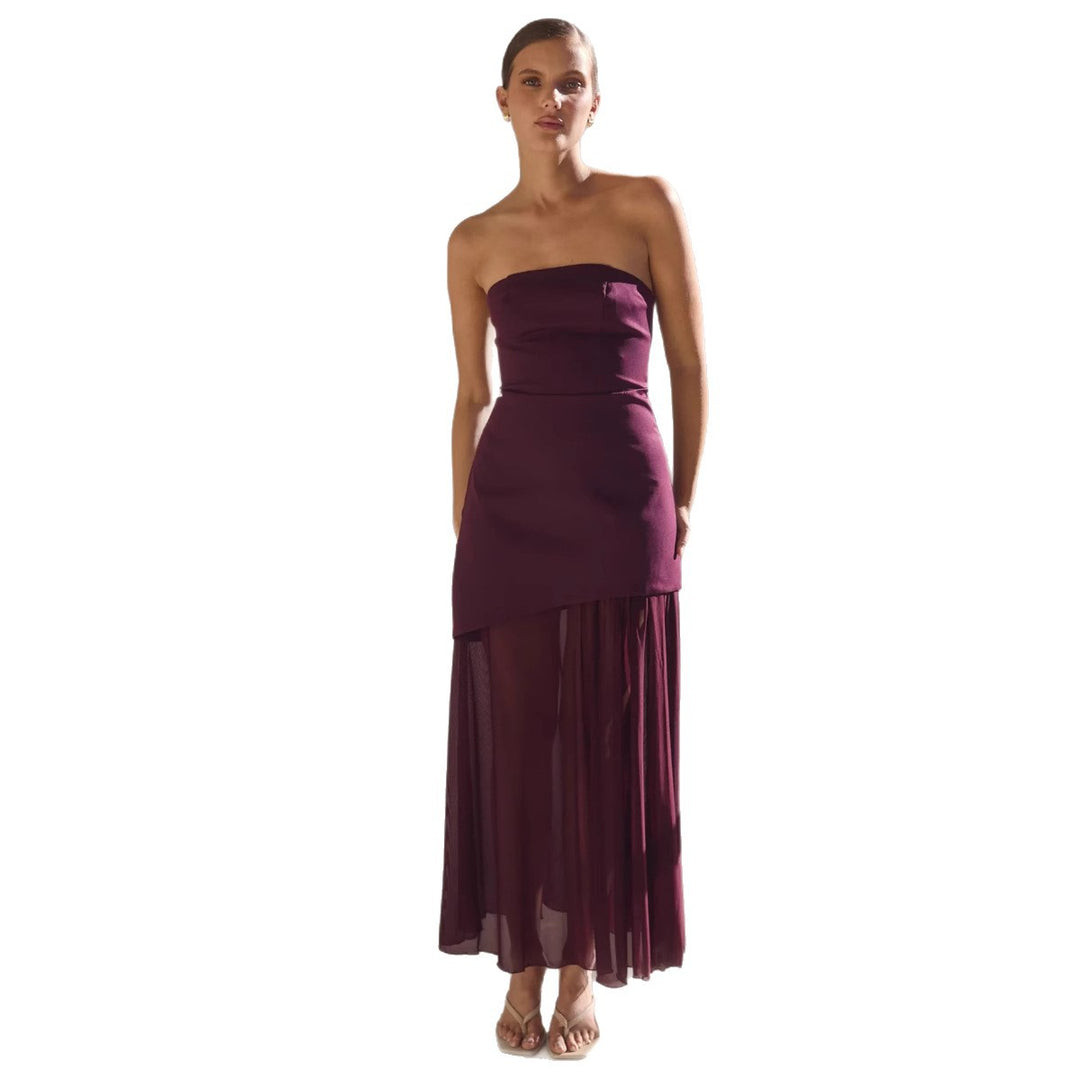 Damen Elegantes Bandeau-Maxi-Kleid mit fließendem Chiffon-Rock und figurbetontem Oberteil EB