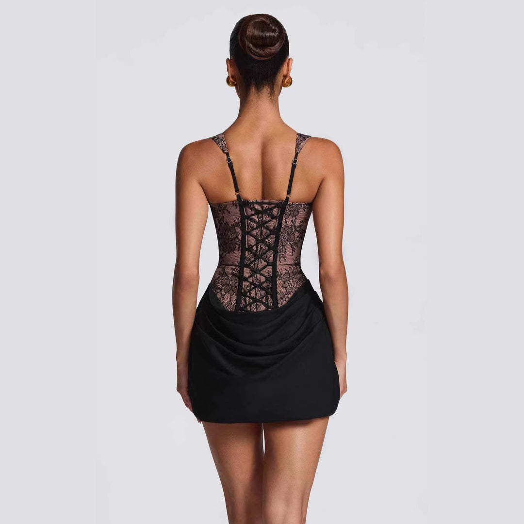 Damen Korsett-Kleid mit luxuriösen Spitzenakzenten und drapiertem Rock EB