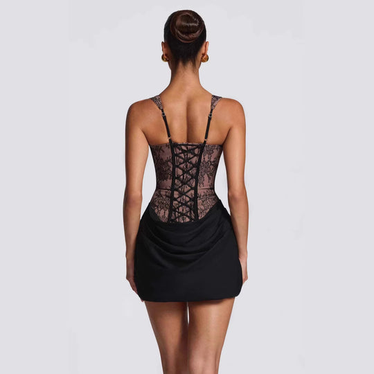 Damen Korsett-Kleid mit luxuriösen Spitzenakzenten und drapiertem Rock EB