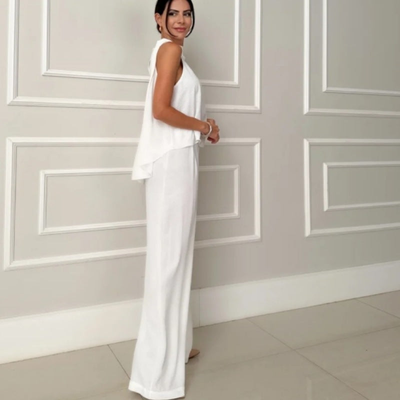 Damen elegantes Set aus lässigem Oberteil und hochsitztender Hose EB