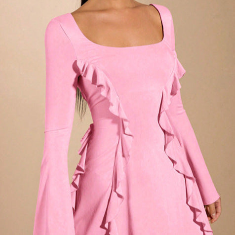 Damen elegantes Rüschenkleid mit tiefem Ausschnitt und langen Ärmeln EB