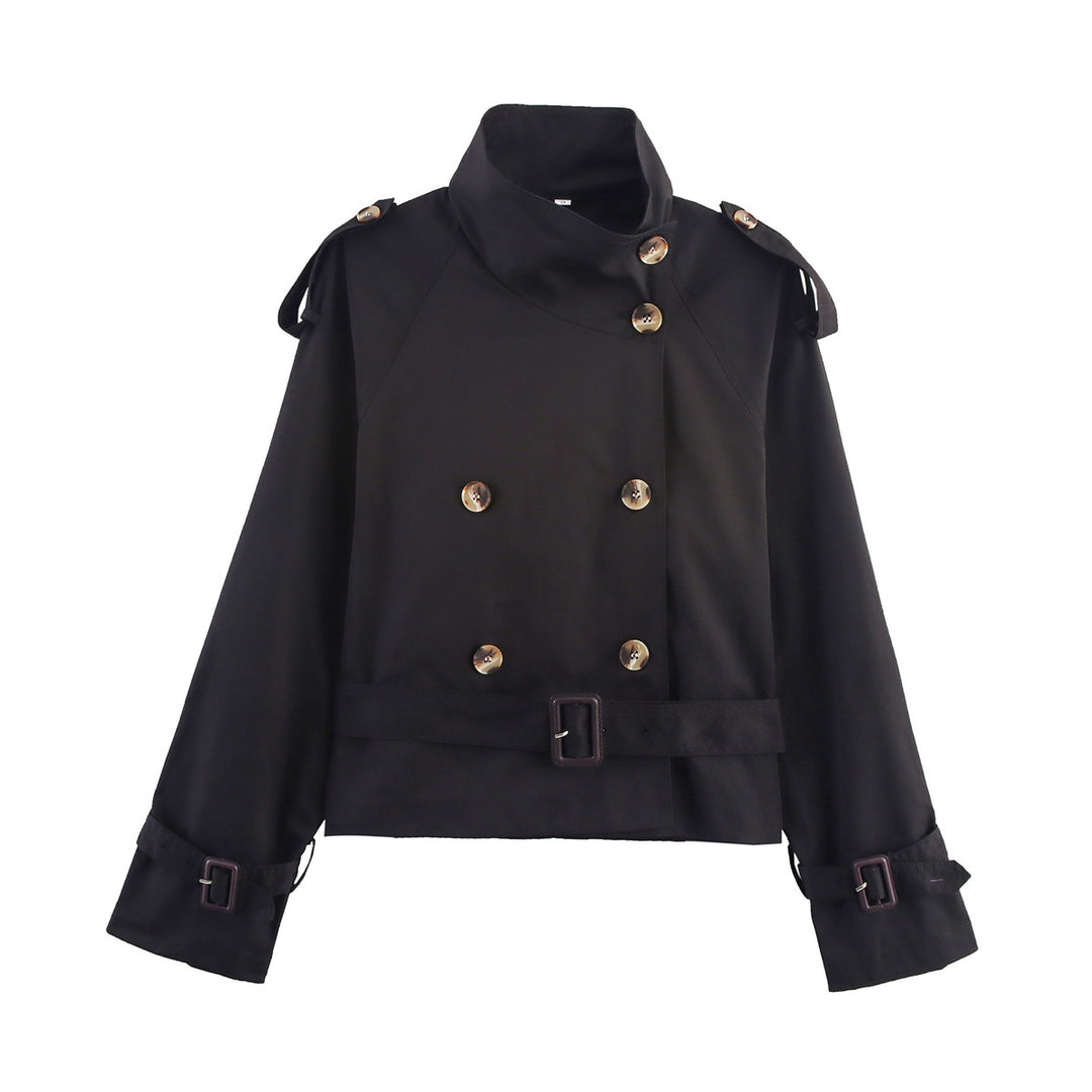 Damen modischer Trenchcoat mit hoch geschlossenem Kragen und praktischen Schulterriegeln EB