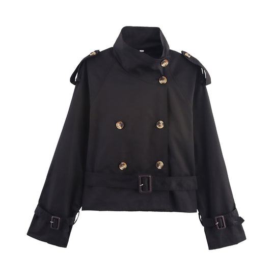 Damen modischer Trenchcoat mit hoch geschlossenem Kragen und praktischen Schulterriegeln EB