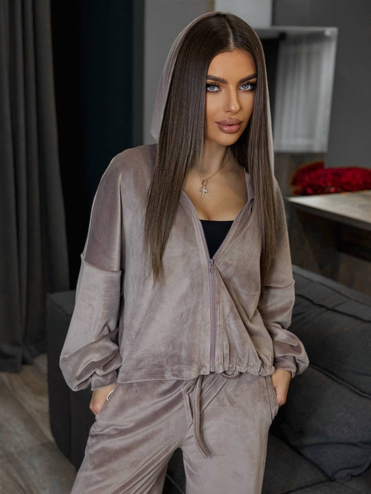 Damen luxuriöses Velours-Cropped-Hoodie und High-Waist Weite Jogginghose Set EB