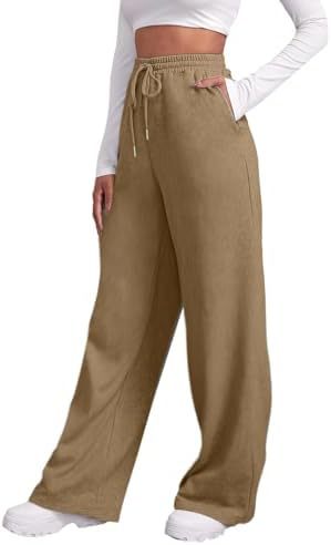 Damen nan weite High‑Waist Palazzo-Loungehose mit elastischem Komfortbund, Kordelzug und seitlichen Eingrifftaschen EB