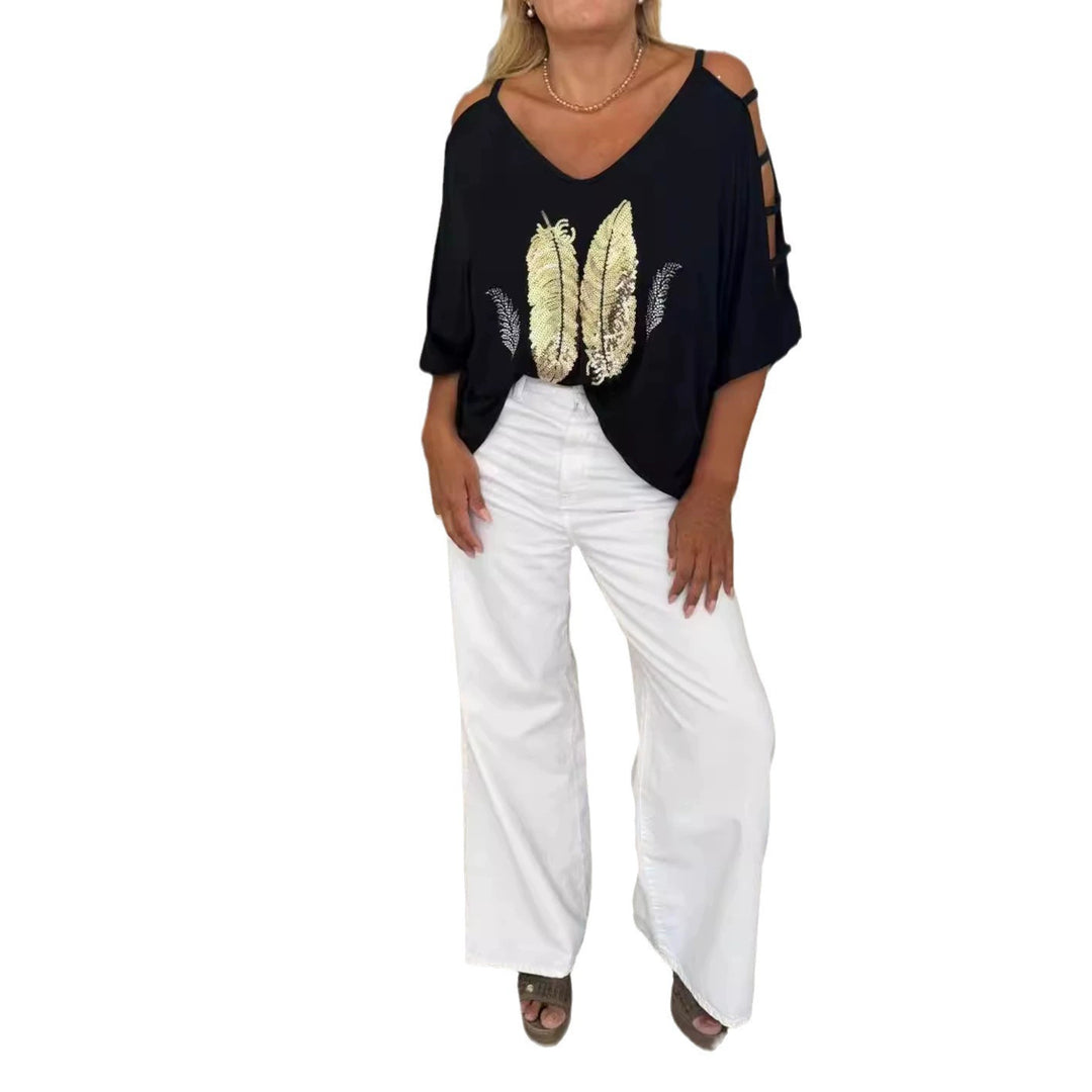 Damen Oversized T-Shirt mit kreativen Cut-Outs und auffälligem Druck Heidi-Mode