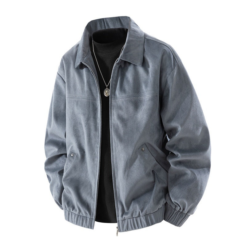 Herren leichte Harringtonjacke im Veloursleder‑Look mit Hemdkragen, durchgehendem Reißverschluss und elastischem Saum EB