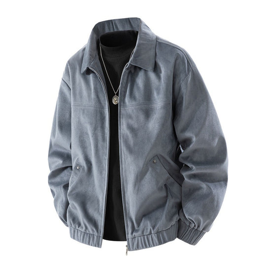Herren leichte Harringtonjacke im Veloursleder‑Look mit Hemdkragen, durchgehendem Reißverschluss und elastischem Saum EB