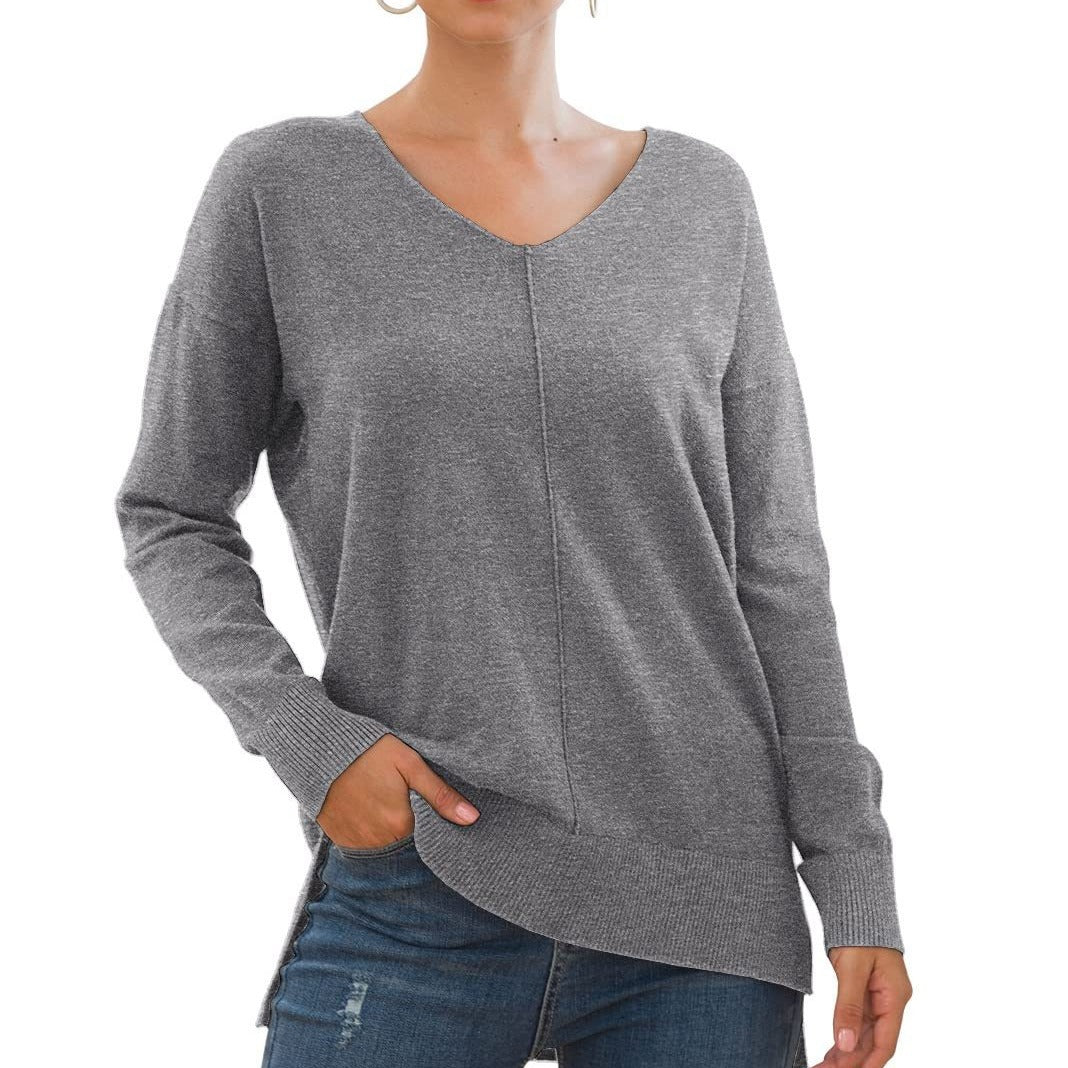 Damen eleganter V-Ausschnitt Pullover mit asymmetrischem Saum EB