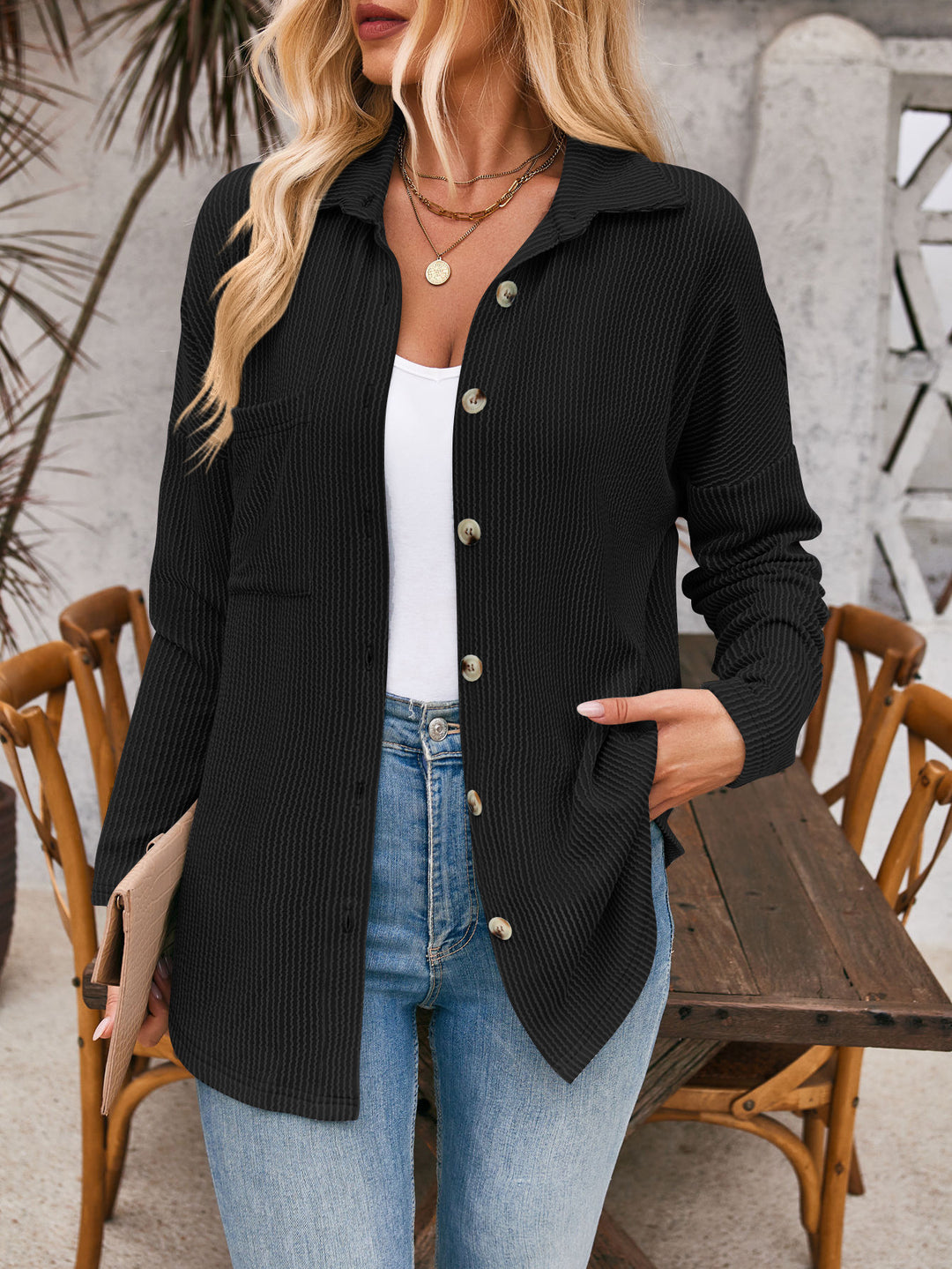 Damen Strukturierte Button-Down-Bluse mit Taschen EB