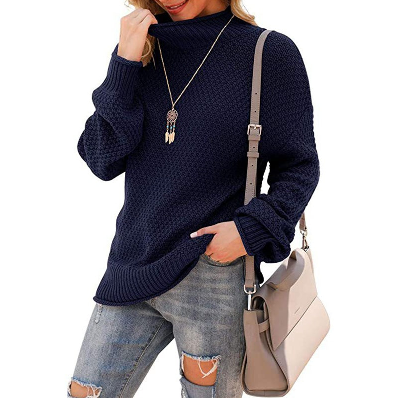 Damen Grobstrickpullover mit hohem Kragen und modischer Struktur EB