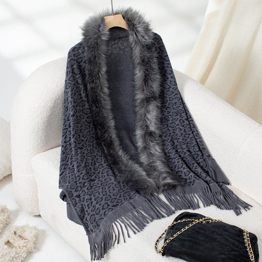 Damen eleganter Strickponcho mit luxuriösem Kunstfellkragen und fransigem Saum EB
