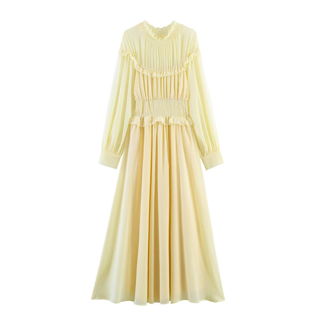 Damen Maxikleid mit voluminösen Rüschendetails und schmalem Gürtel EB