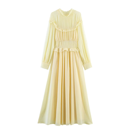 Damen Maxikleid mit voluminösen Rüschendetails und schmalem Gürtel EB