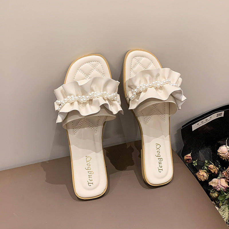 Damen elegante Pantoletten mit Rüschendetails und Perlenschmuck EB