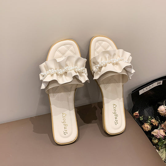 Damen elegante Pantoletten mit Rüschendetails und Perlenschmuck EB