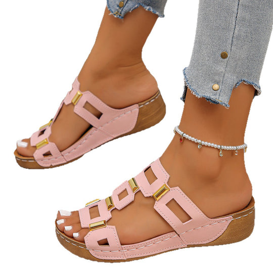 Damen Komfortable Wedge-Pantoletten mit dekorativen Riemen EB