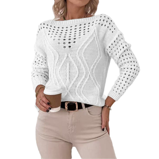 Damen Strickpullover mit luftigen Lochmustern und zartem Zopfdesign EB