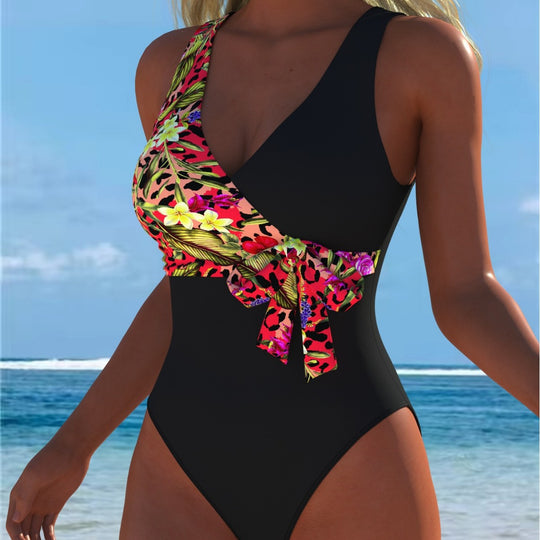 Damen einteiliger Badeanzug mit floralem Wickeldesign und modischem Schwarz EB