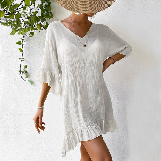 Damen lässiges Strandkleid mit V-Ausschnitt und Rüschensäumen EB