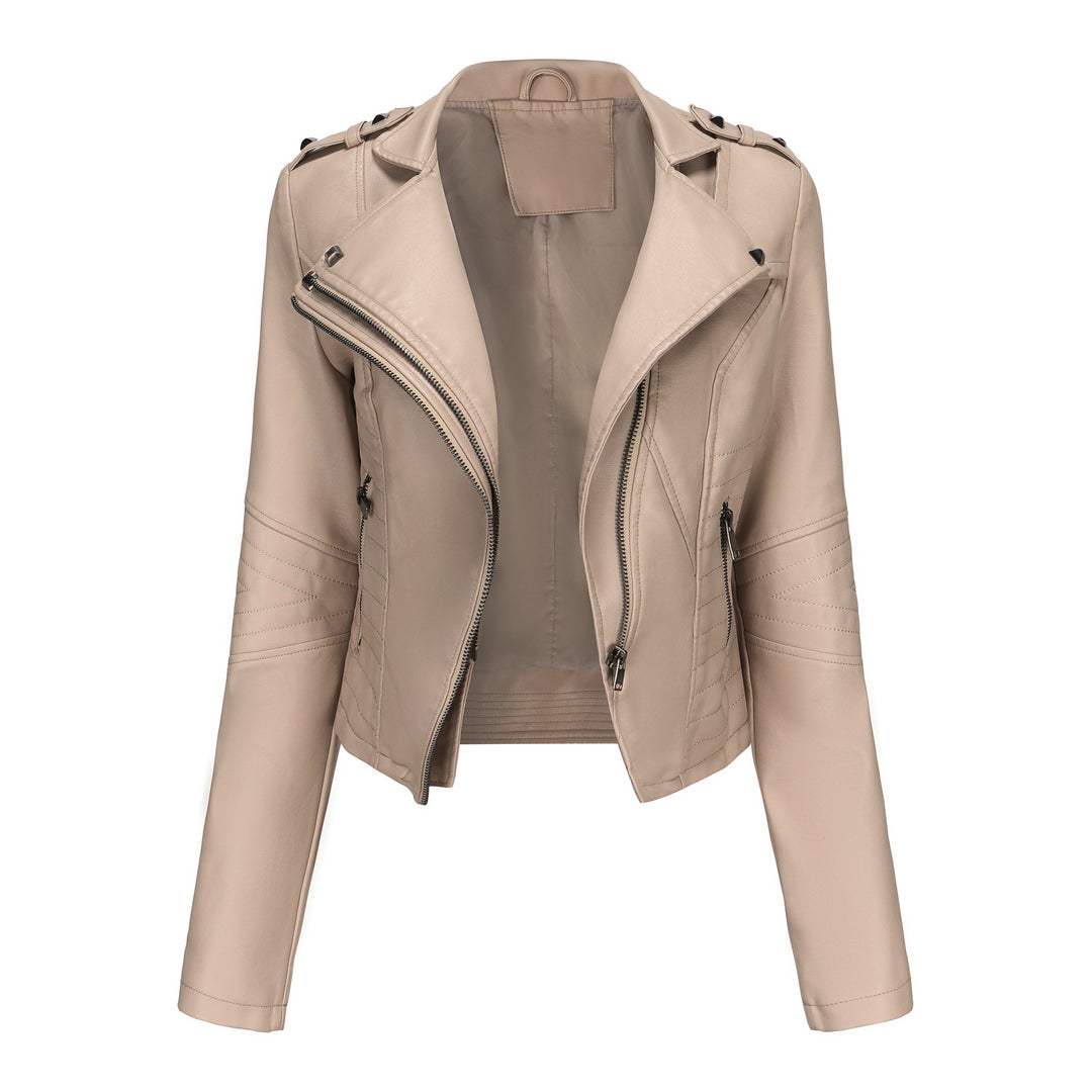 Damen stylische Bikerjacke mit asymmetrischem Reißverschluss und Detailnähten EB