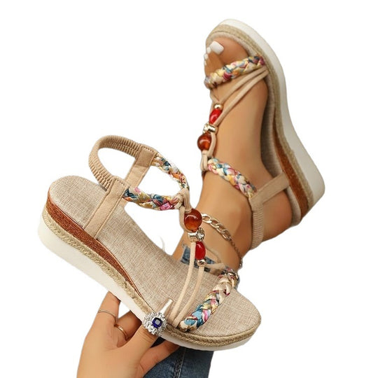 Damen Wedge-Sandaletten mit buntem Geflecht und modischen Perlen EB