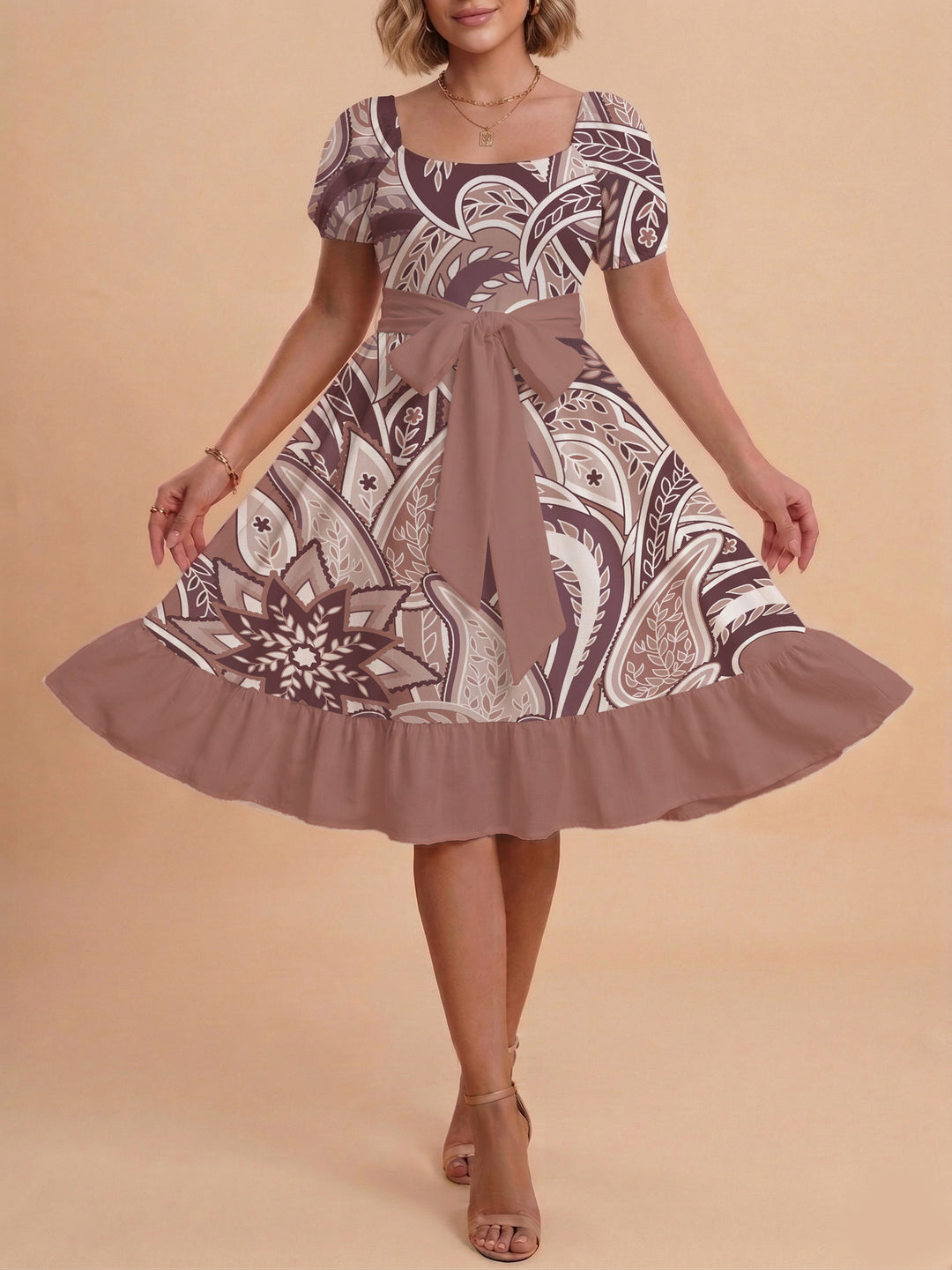 Damen modernes Blumenkleid mit elegantem Taillengürtel und asymmetrischem Saum EB