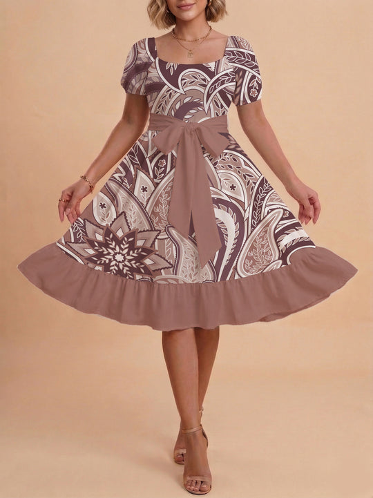 Damen modernes Blumenkleid mit elegantem Taillengürtel und asymmetrischem Saum EB