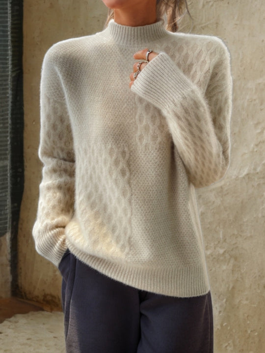 Damen nan lässiger Mohair-Mix Feinstrickpullover mit Strukturmix, Stehkragen und überschnittenen Schultern EB