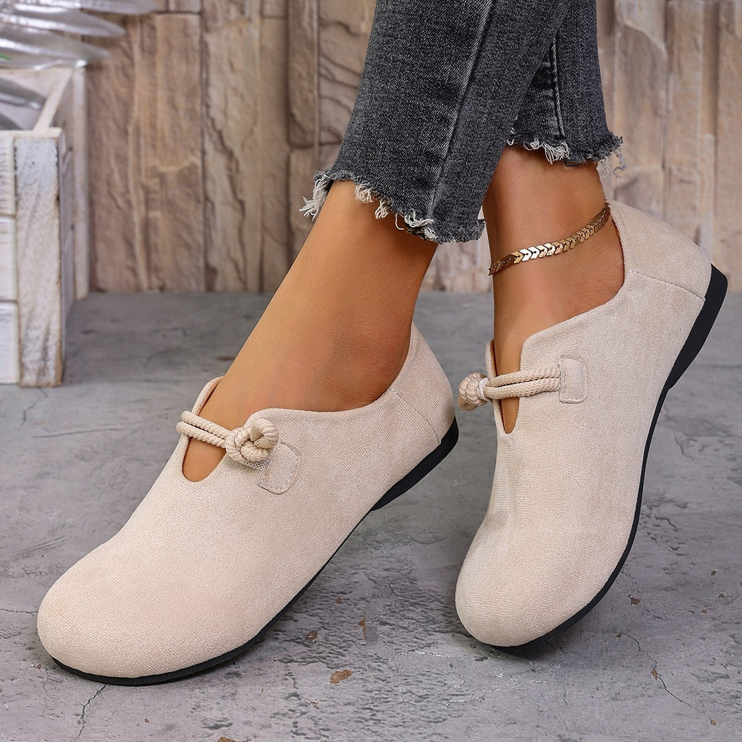 Damen  komfortable Slipper aus Veloursoptik mit dekorativem Knotenriegel und weich gepolstertem Fußbett EB