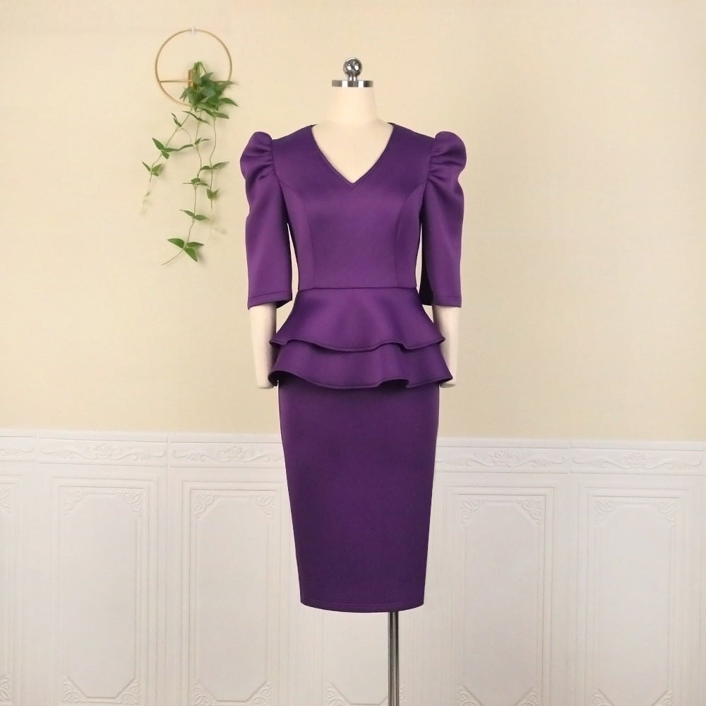 Damen figurbetontes Kleid mit voluminösen Puffärmeln und tailliertem Gürtel EB