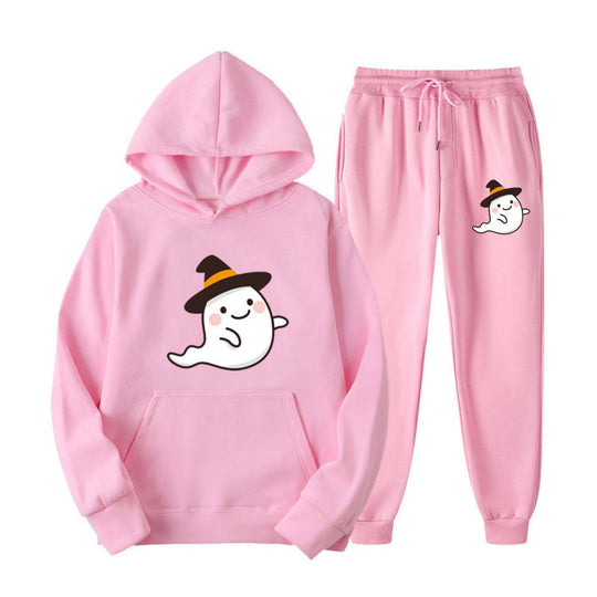 Unisex nan kuscheliger Kapuzenpullover und Jogginghose Set mit Halloween-Geistprint EB