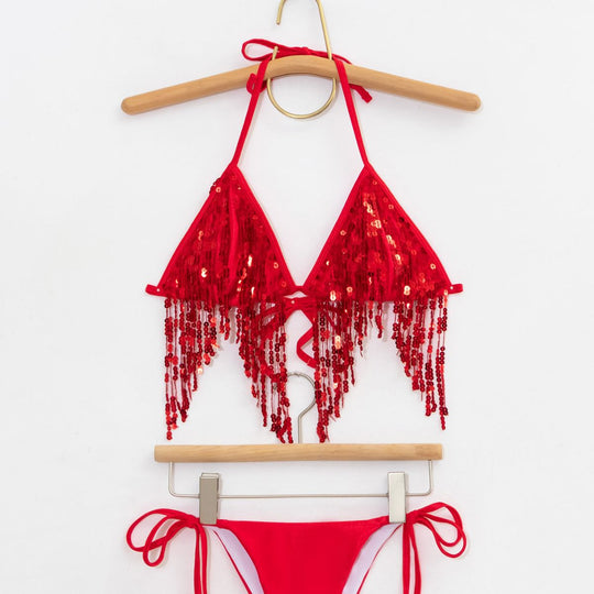 Damen Bikini-Set mit glitzernden Pailletten und verspielten Bindebändern EB