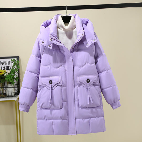 Damen Lange Pufferjacke mit praktischem Kapuzenkragen und großen Taschen EB