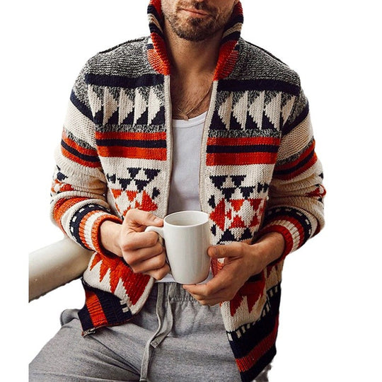 Herren Strickjacke mit geometrischem Muster und hoher Kragen EB