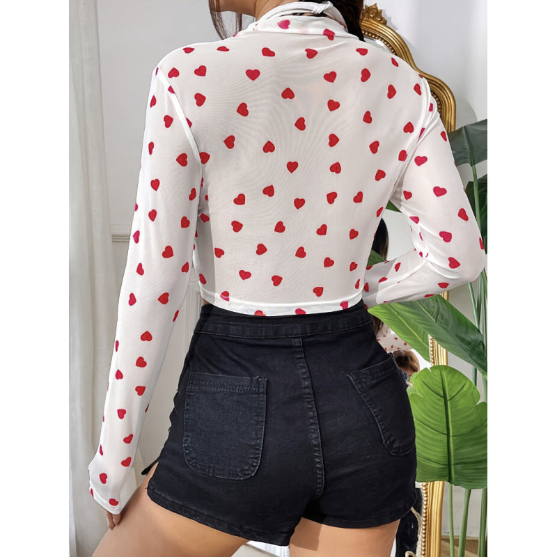 Damen Langärmliges Crop-Top mit Herzmuster und transparenter Anmutung EB