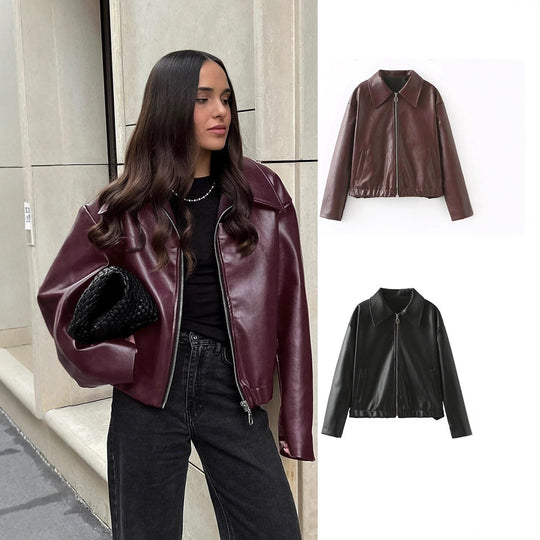 Damen elegante Kunstlederjacke im modernen Design mit praktischem Reißverschluss EB