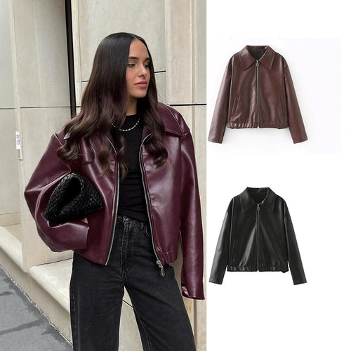 Damen elegante Kunstlederjacke im modernen Design mit praktischem Reißverschluss EB