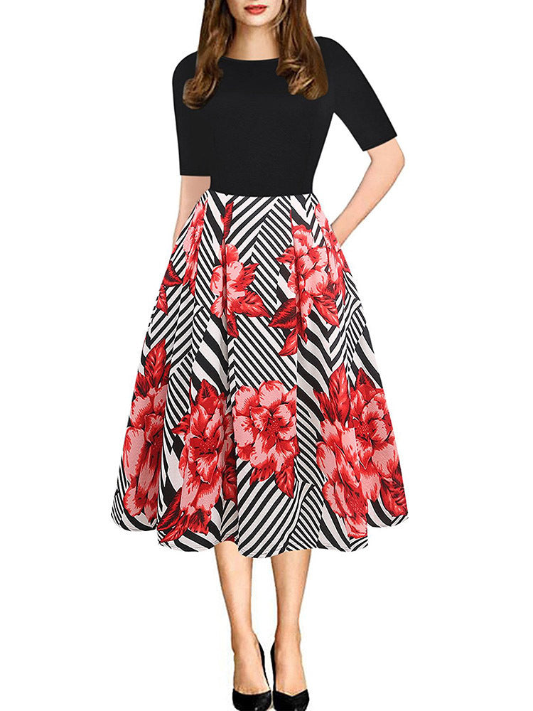 Damen Midikleid mit floralem Muster und gestreiften Akzenten EB