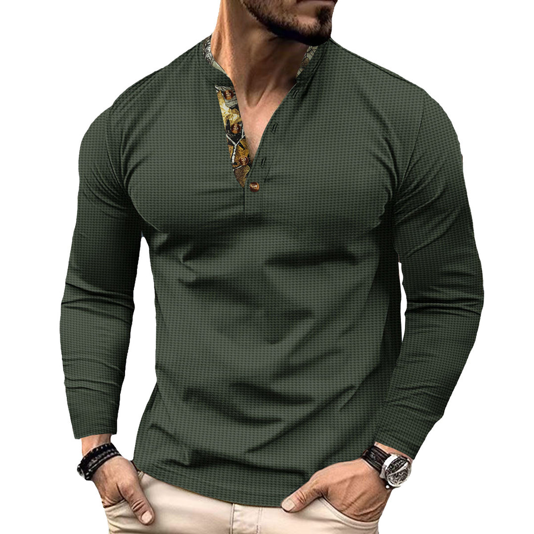 Herren nan langärmeliges Henley-Shirt mit Stehkragen und gemustertem Knopfleistenbesatz EB