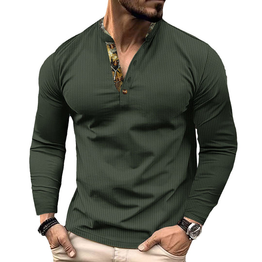 Herren nan langärmeliges Henley-Shirt mit Stehkragen und gemustertem Knopfleistenbesatz EB