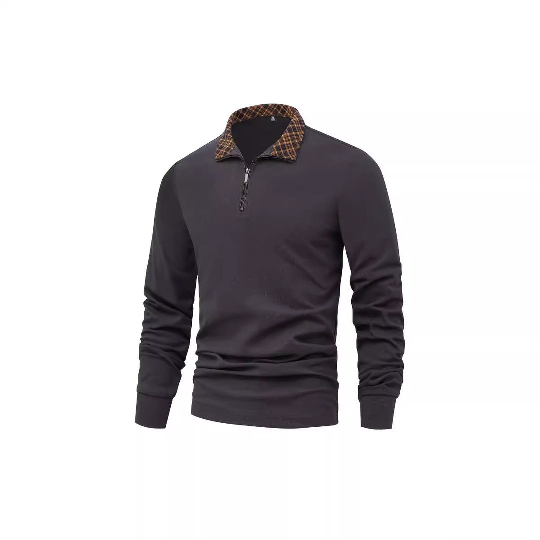 Herren Langarm-Halfzip-Pullover mit Troyerkragen und kariertem Innenkragen EB