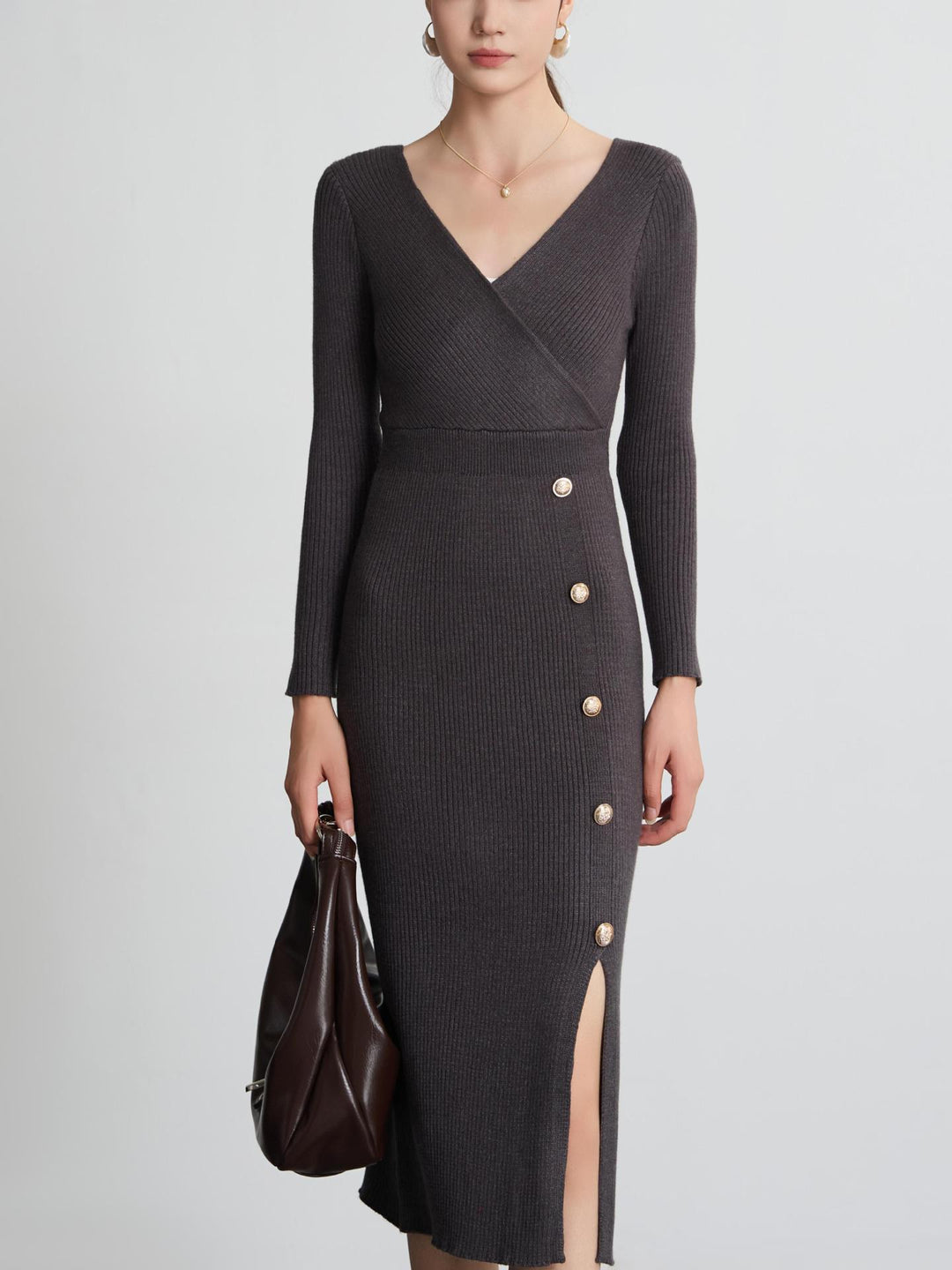 Damen Strickkleid mit Wickeloptik und Knopfdetails EB