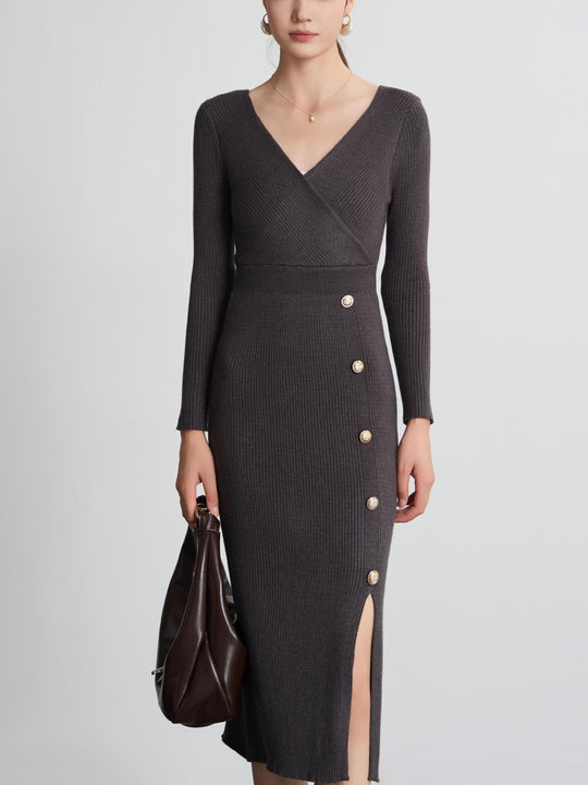 Damen Strickkleid mit Wickeloptik und Knopfdetails EB