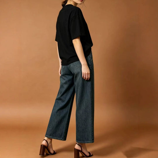 Damen nan hohe Taille Plissée Wide-Leg-Denimhose mit verkürztem Bein und dekorativen Vorderfalten EB